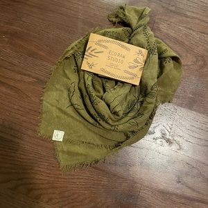 NEW Olive Green Botanical Patterned Raw Silk Bandana/scarf-Black Ink